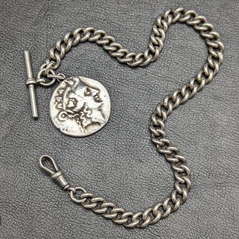 1900年頃 英国アンティーク 純銀(925シルバー)アルバートチェーン 62g ローマ銀貨フォブ